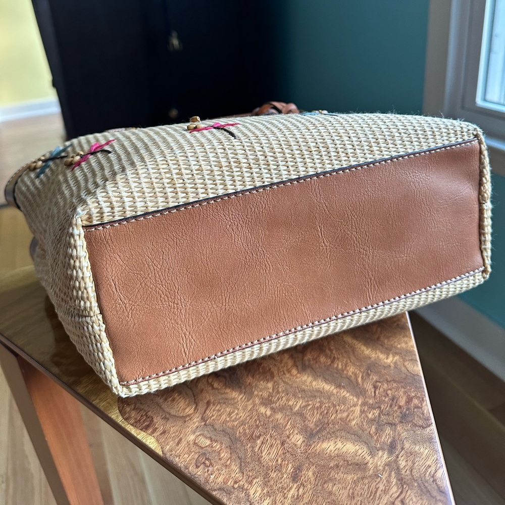 Coastal Boho Vintage Fossil Brown Leather & Floral-Embroidered Straw SatchelBag - Picture 7 of 15